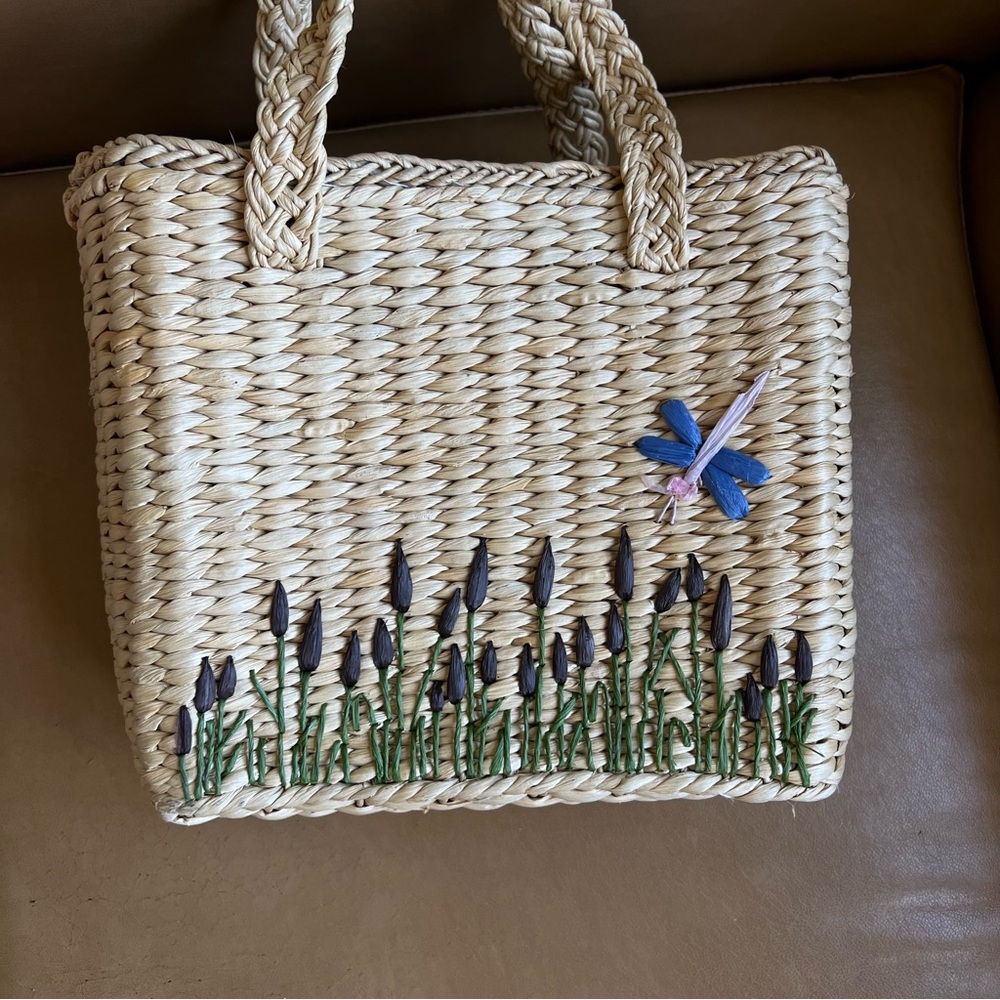 Rare Vintage 90s GAP Wicker Straw Basket Bag with Dragonfly - Picture 2 of 7